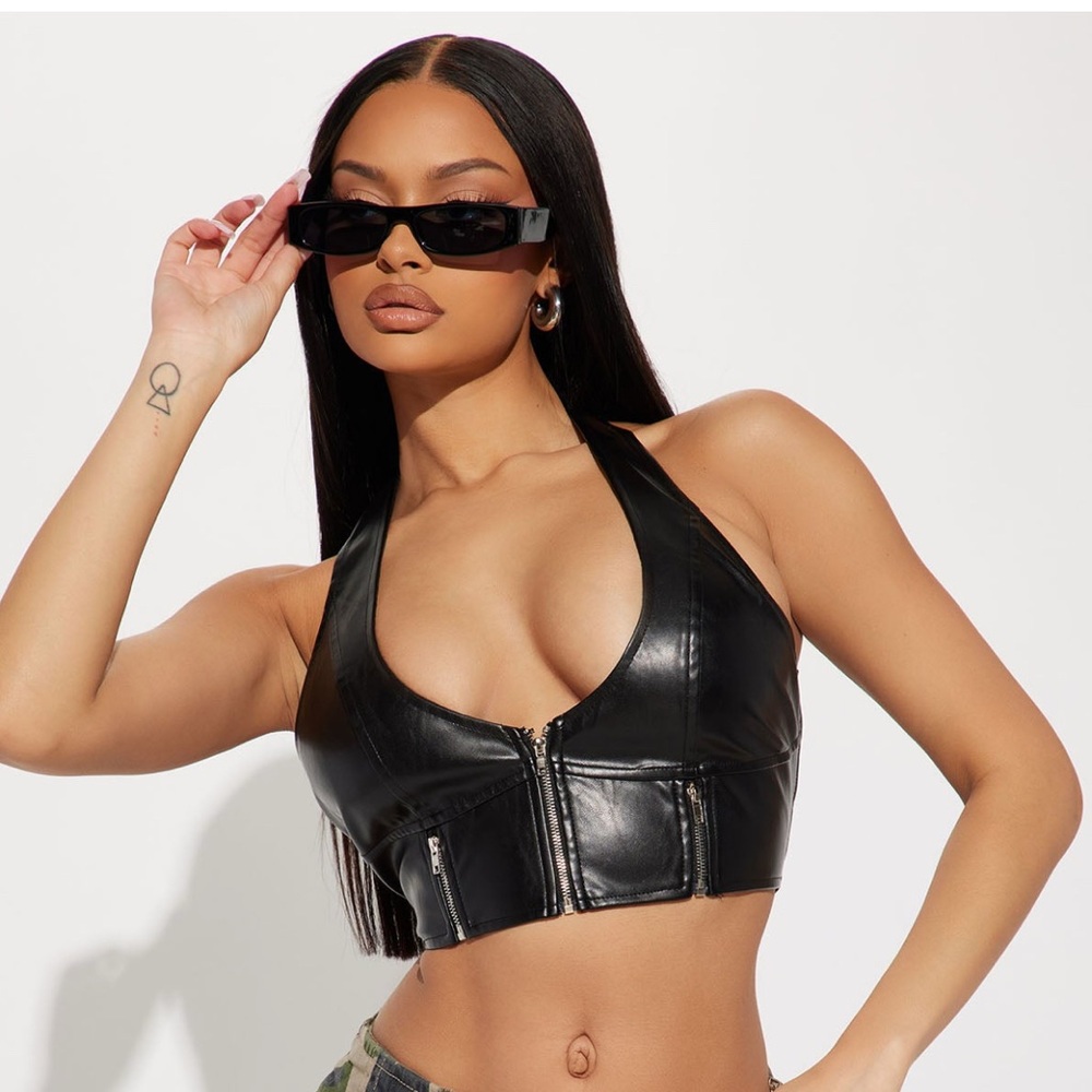 Chic Black Faux Leather Halter Top